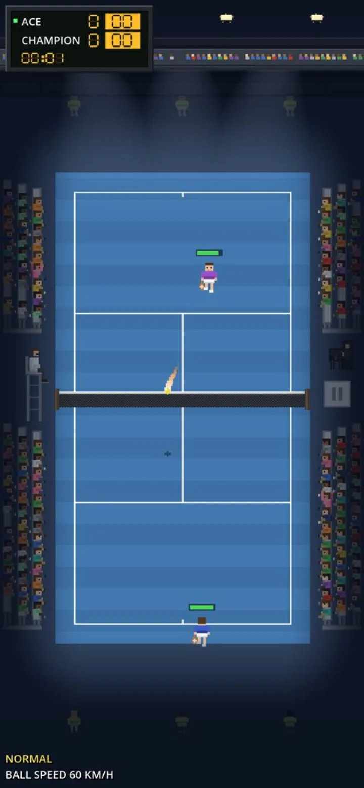 PixelTennis screenshot: a rally on a hard court, top-down pixel art
